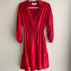 EMMA & MICHELE Red Midi Ruffle Dress Balloon Tiered ShiftLong Sleeve - Size M